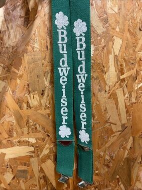 Budweiser Green Suspenders with White Shamrock Logos